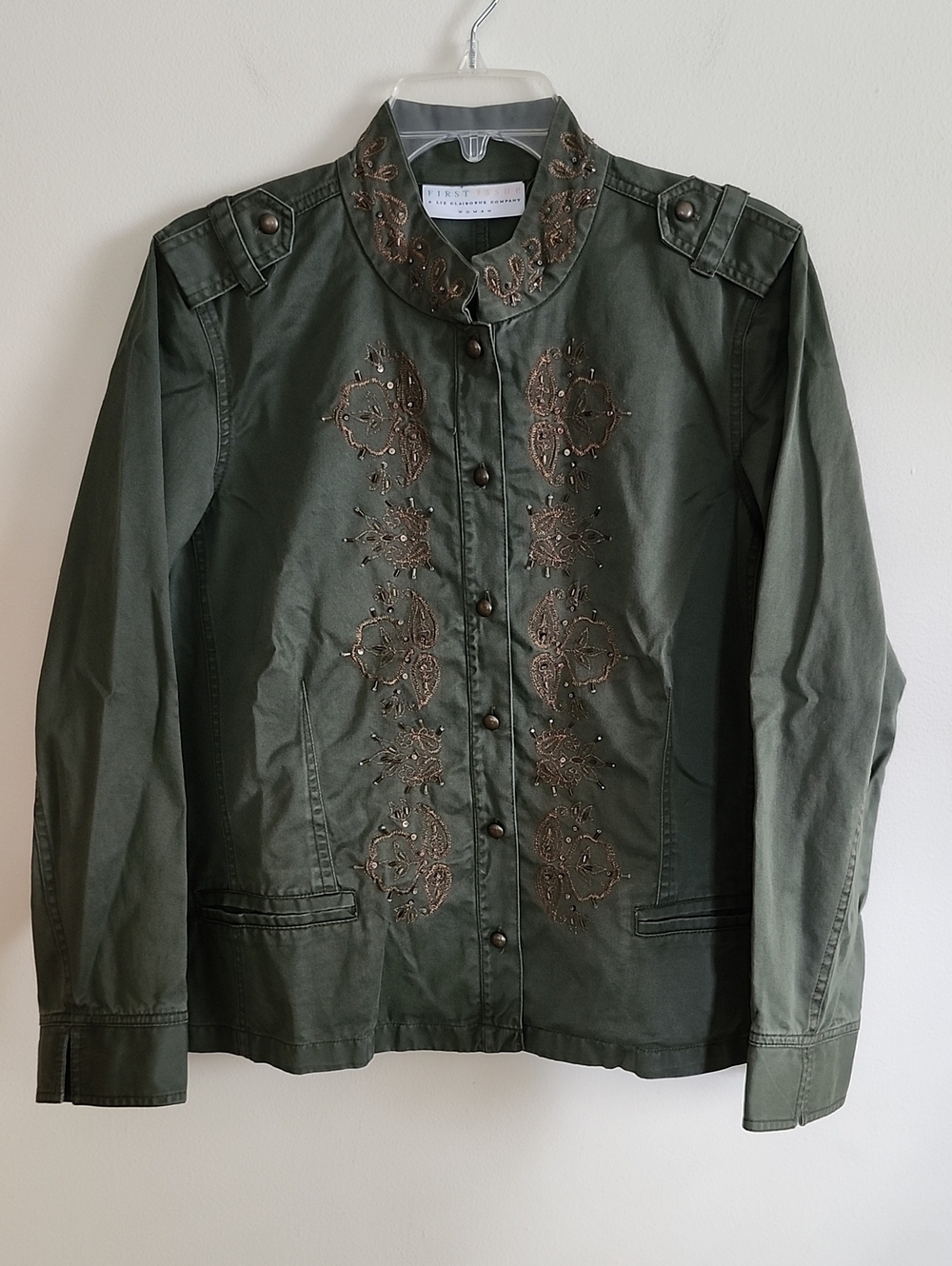 Liz Claiborne 100 Cotton Olive Green Embroidered Utility Jacket